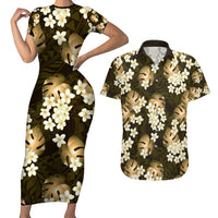 Gold Tropical Hawaii Couples Matching Short Sleeve Bodycon Dress and Hawaiian Shirt Seamless Monstera Plumeria Hawaiian Pattern LT14 Gold - Polynesian Pride