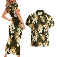 Gold Tropical Hawaii Couples Matching Short Sleeve Bodycon Dress and Hawaiian Shirt Seamless Monstera Plumeria Hawaiian Pattern LT14 - Polynesian Pride