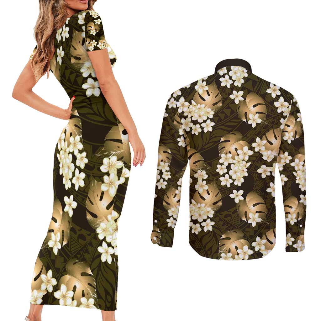 Gold Tropical Hawaii Couples Matching Short Sleeve Bodycon Dress and Long Sleeve Button Shirt Seamless Monstera Plumeria Hawaiian Pattern LT14 - Polynesian Pride