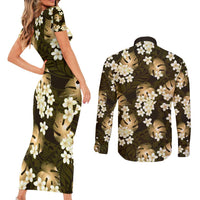 Gold Tropical Hawaii Couples Matching Short Sleeve Bodycon Dress and Long Sleeve Button Shirt Seamless Monstera Plumeria Hawaiian Pattern LT14 - Polynesian Pride