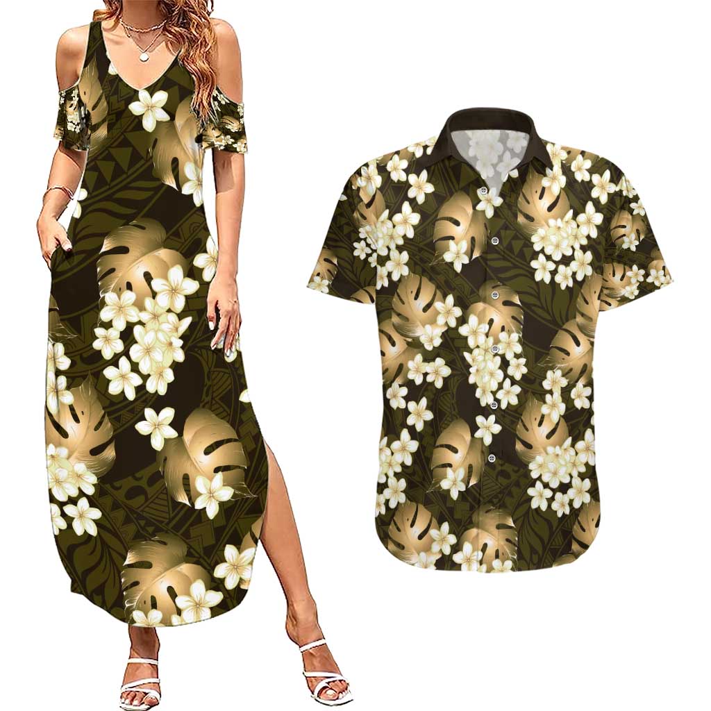Gold Tropical Hawaii Couples Matching Summer Maxi Dress and Hawaiian Shirt Seamless Monstera Plumeria Hawaiian Pattern LT14 Gold - Polynesian Pride