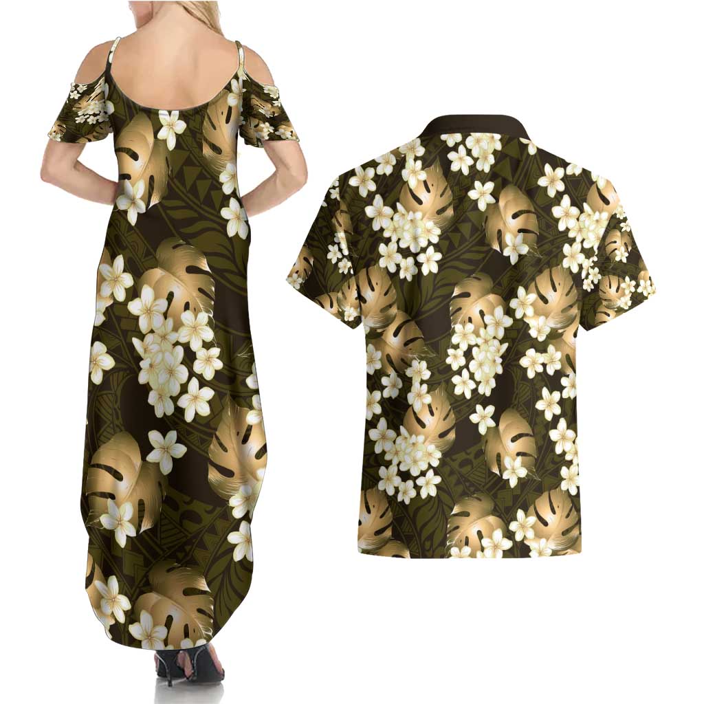 Gold Tropical Hawaii Couples Matching Summer Maxi Dress and Hawaiian Shirt Seamless Monstera Plumeria Hawaiian Pattern LT14 - Polynesian Pride
