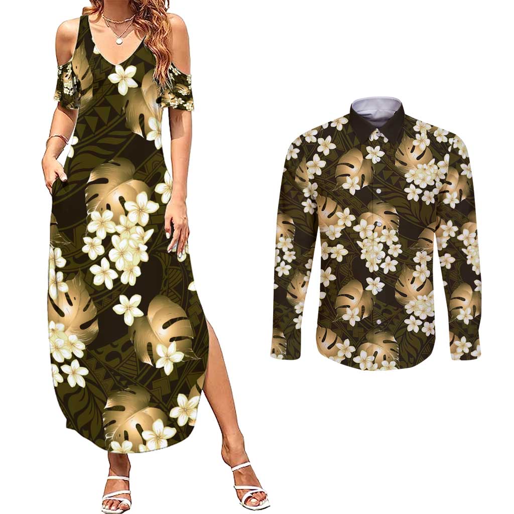 Gold Tropical Hawaii Couples Matching Summer Maxi Dress and Long Sleeve Button Shirt Seamless Monstera Plumeria Hawaiian Pattern LT14 Gold - Polynesian Pride