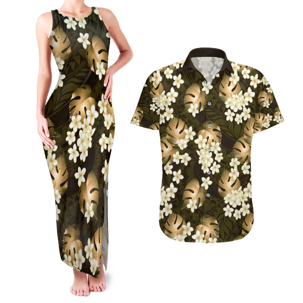 Gold Tropical Hawaii Couples Matching Tank Maxi Dress and Hawaiian Shirt Seamless Monstera Plumeria Hawaiian Pattern LT14 Gold - Polynesian Pride
