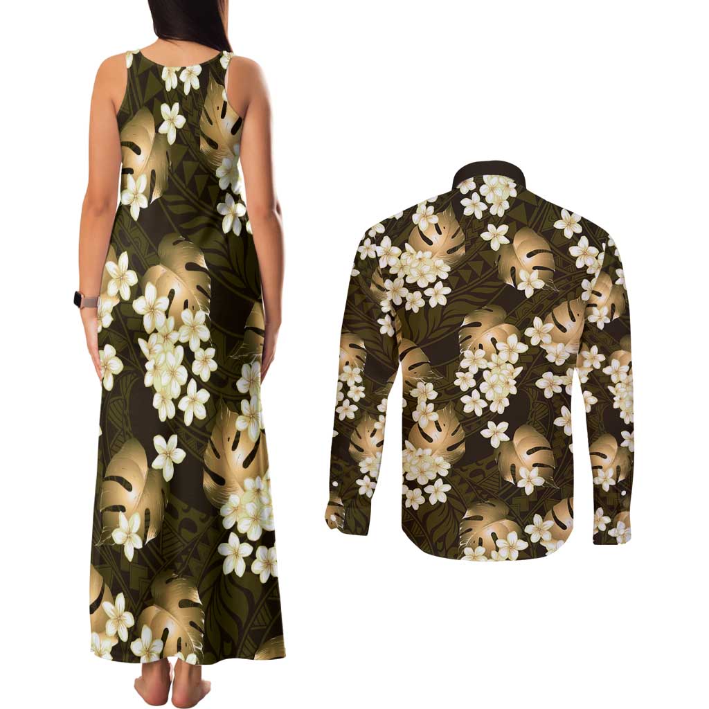 Gold Tropical Hawaii Couples Matching Tank Maxi Dress and Long Sleeve Button Shirt Seamless Monstera Plumeria Hawaiian Pattern LT14 - Polynesian Pride