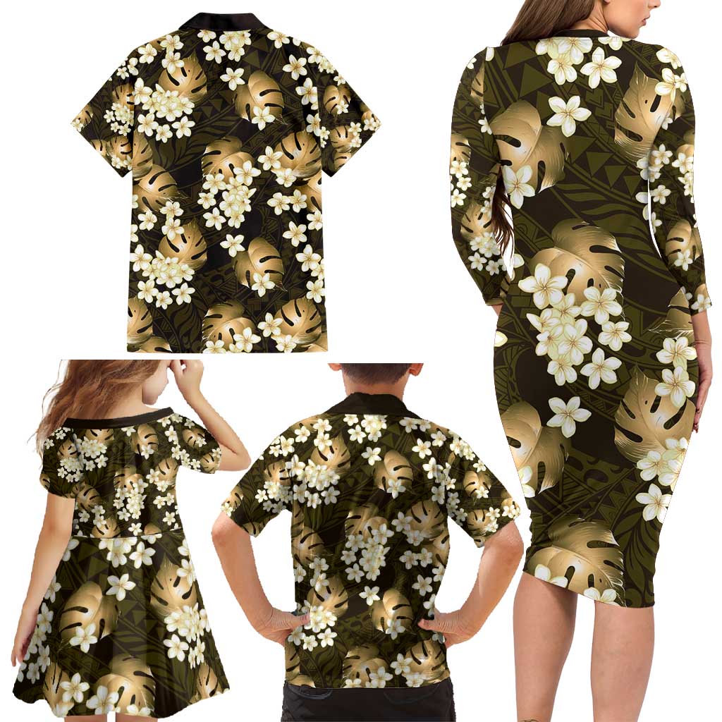Gold Tropical Hawaii Family Matching Long Sleeve Bodycon Dress and Hawaiian Shirt Seamless Monstera Plumeria Hawaiian Pattern LT14 - Polynesian Pride