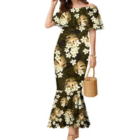 Gold Tropical Hawaii Family Matching Mermaid Dress and Hawaiian Shirt Seamless Monstera Plumeria Hawaiian Pattern LT14 Mom's Dress Gold - Polynesian Pride