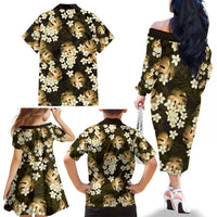 Gold Tropical Hawaii Family Matching Off The Shoulder Long Sleeve Dress and Hawaiian Shirt Seamless Monstera Plumeria Hawaiian Pattern LT14 - Polynesian Pride