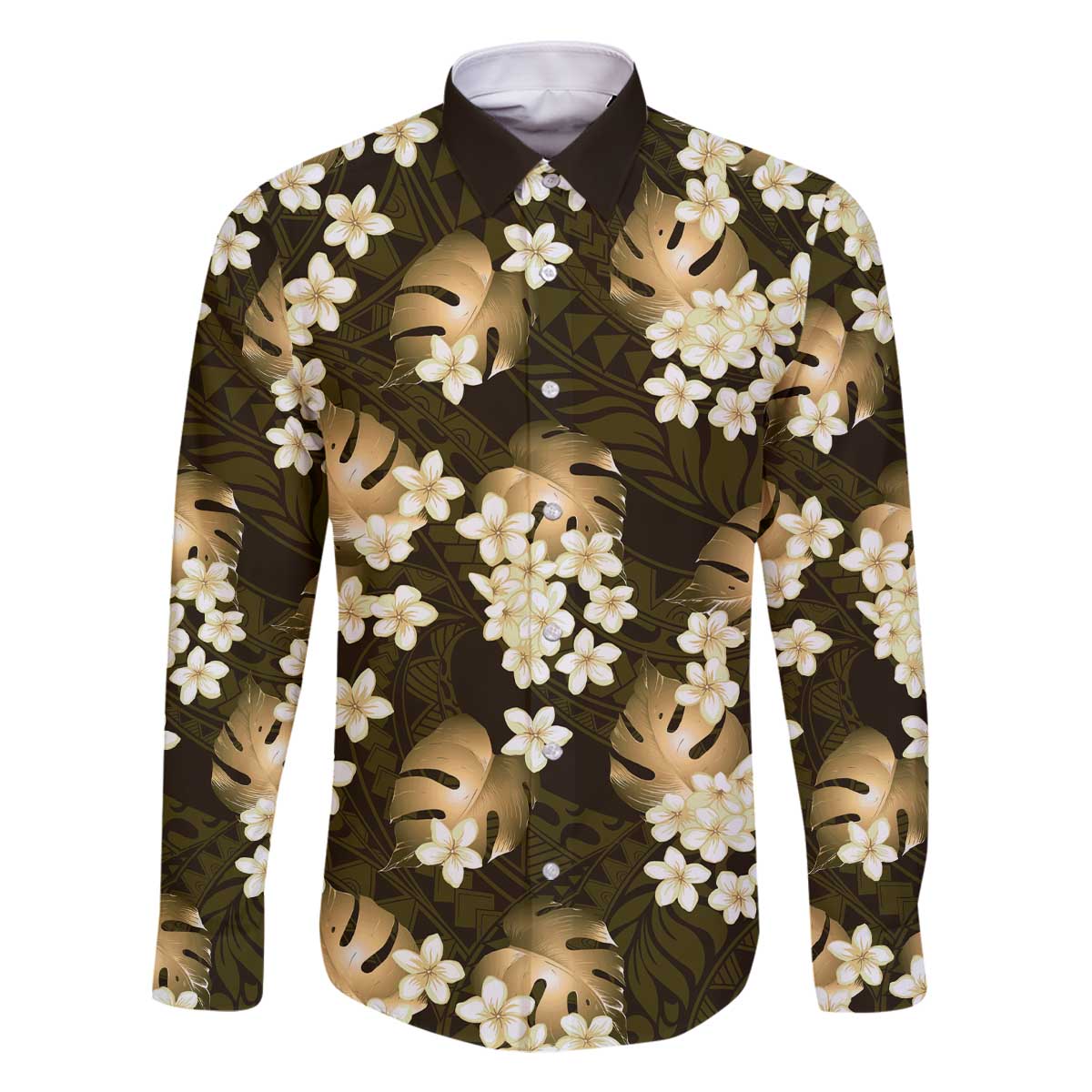 Gold Tropical Hawaii Family Matching Off The Shoulder Long Sleeve Dress and Hawaiian Shirt Seamless Monstera Plumeria Hawaiian Pattern LT14 Dad's Shirt - Long Sleeve Gold - Polynesian Pride