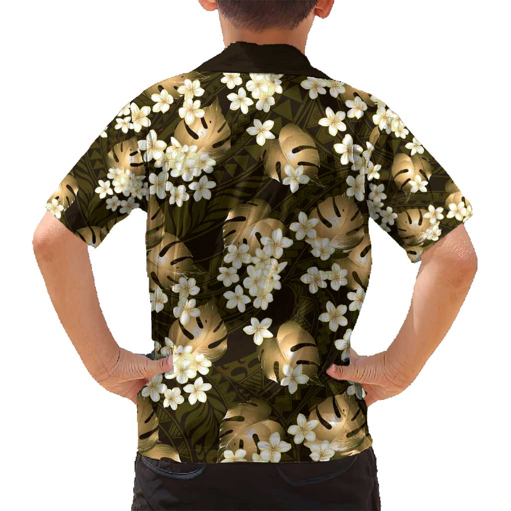 Gold Tropical Hawaii Family Matching Off Shoulder Maxi Dress and Hawaiian Shirt Seamless Monstera Plumeria Hawaiian Pattern LT14 - Polynesian Pride