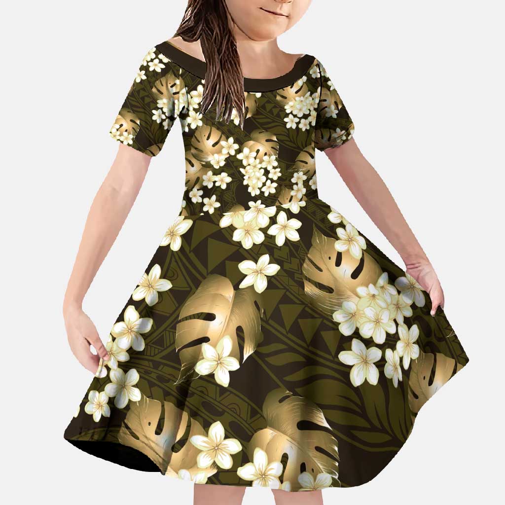 Gold Tropical Hawaii Family Matching Off Shoulder Maxi Dress and Hawaiian Shirt Seamless Monstera Plumeria Hawaiian Pattern LT14 Daughter's Dress Gold - Polynesian Pride