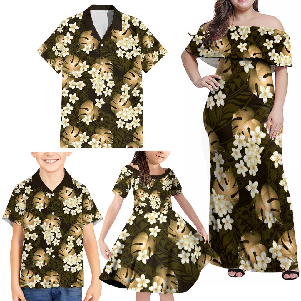 Gold Tropical Hawaii Family Matching Off Shoulder Maxi Dress and Hawaiian Shirt Seamless Monstera Plumeria Hawaiian Pattern LT14 - Polynesian Pride