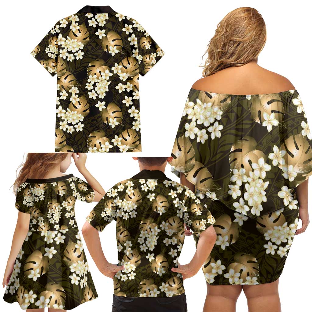 Gold Tropical Hawaii Family Matching Off Shoulder Short Dress and Hawaiian Shirt Seamless Monstera Plumeria Hawaiian Pattern LT14 - Polynesian Pride