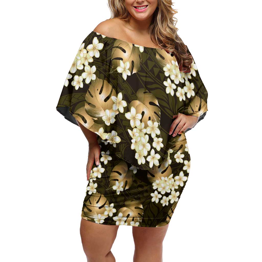 Gold Tropical Hawaii Family Matching Off Shoulder Short Dress and Hawaiian Shirt Seamless Monstera Plumeria Hawaiian Pattern LT14 Mom's Dress Gold - Polynesian Pride