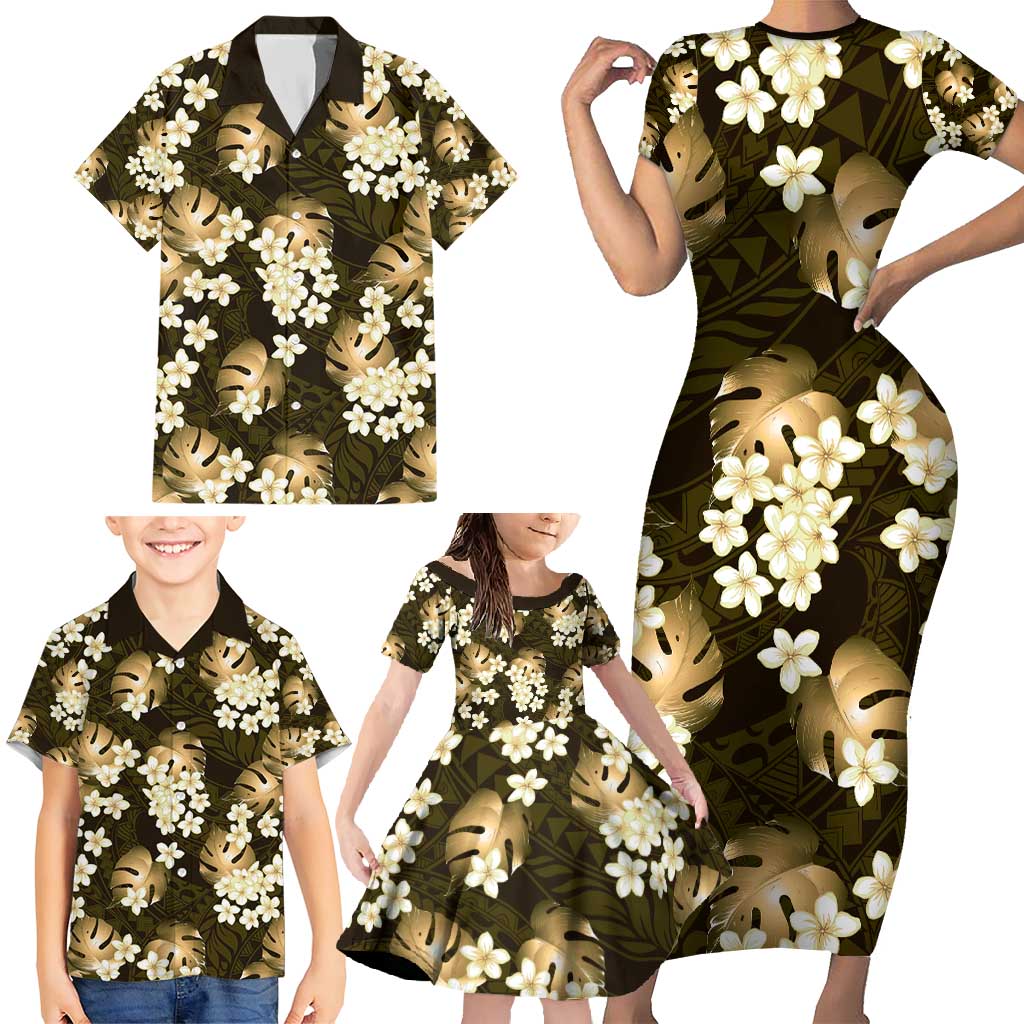 Gold Tropical Hawaii Family Matching Short Sleeve Bodycon Dress and Hawaiian Shirt Seamless Monstera Plumeria Hawaiian Pattern LT14 - Polynesian Pride