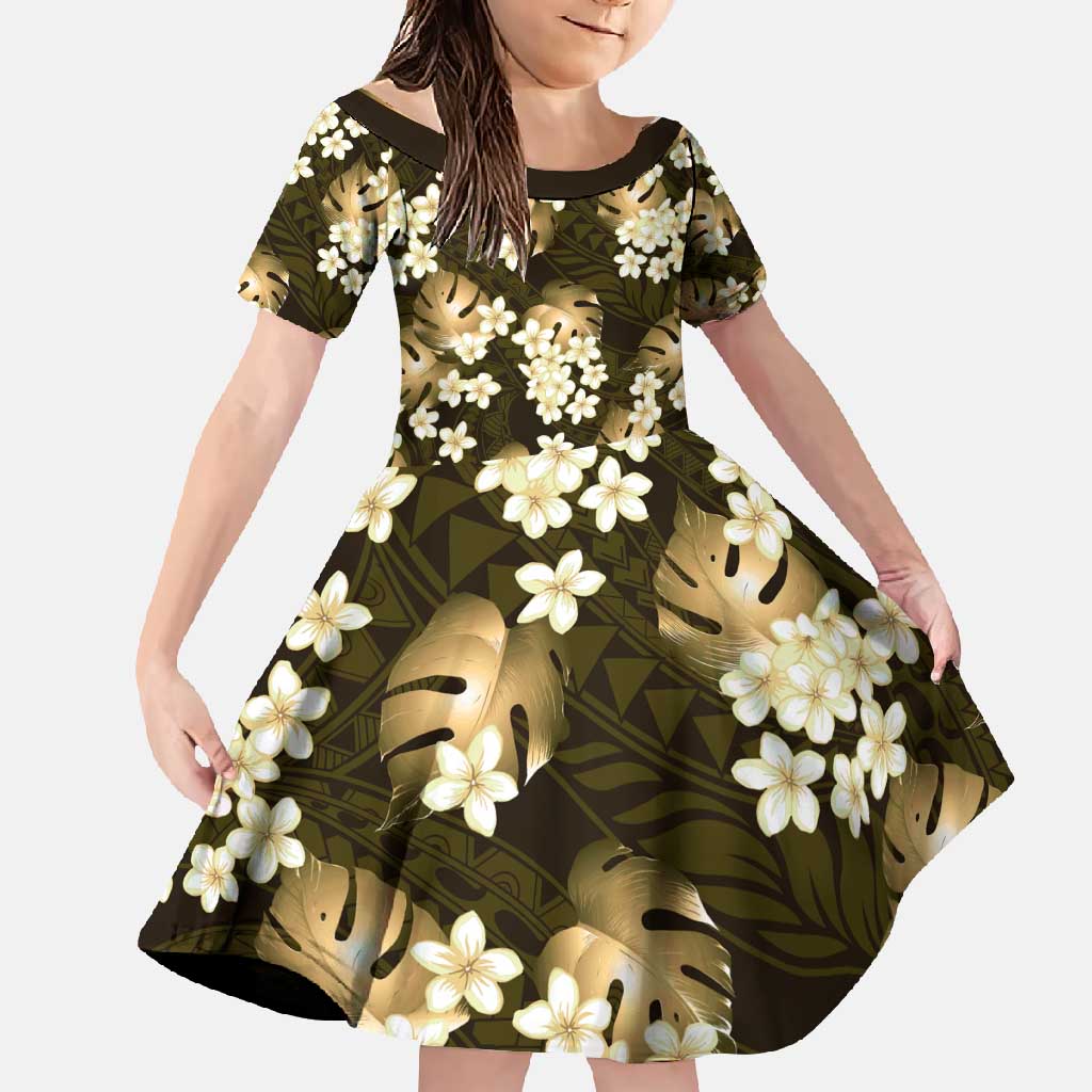 Gold Tropical Hawaii Family Matching Summer Maxi Dress and Hawaiian Shirt Seamless Monstera Plumeria Hawaiian Pattern LT14 Daughter's Dress Gold - Polynesian Pride