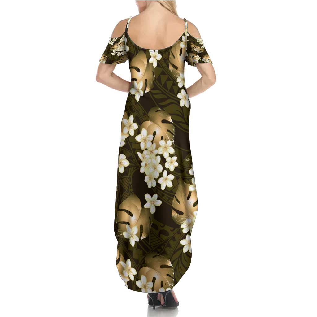 Gold Tropical Hawaii Family Matching Summer Maxi Dress and Hawaiian Shirt Seamless Monstera Plumeria Hawaiian Pattern LT14 - Polynesian Pride