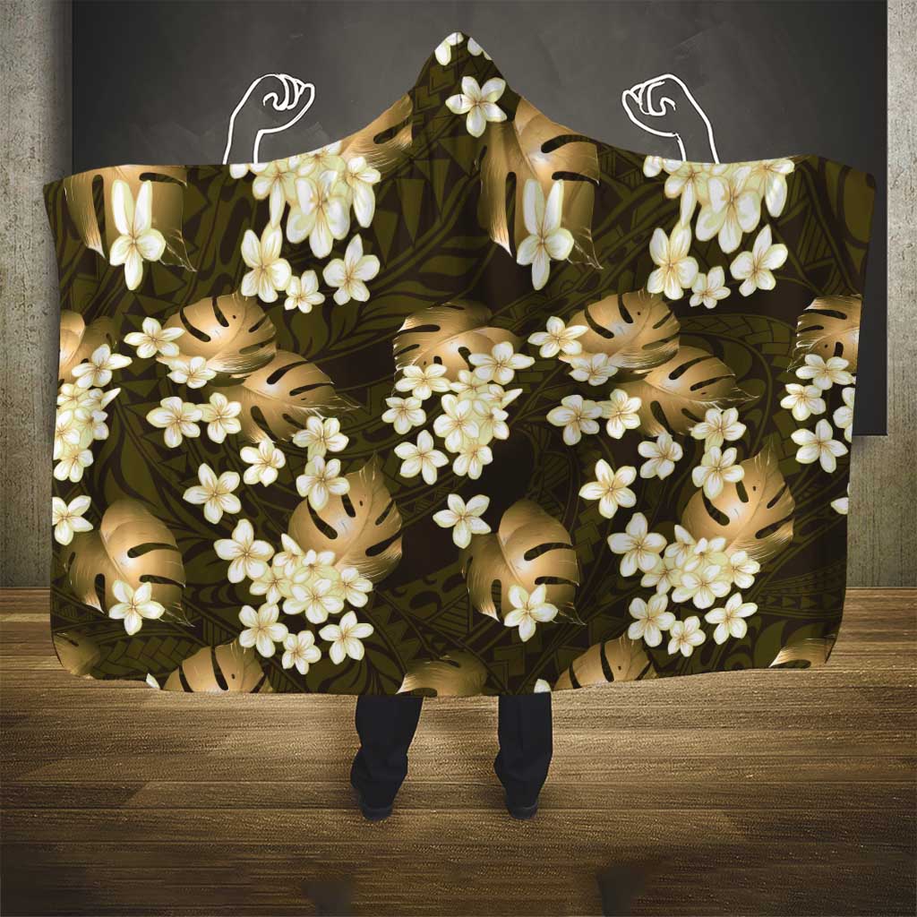 Gold Tropical Hawaii Hooded Blanket Seamless Monstera Plumeria Hawaiian Pattern - Polynesian Pride