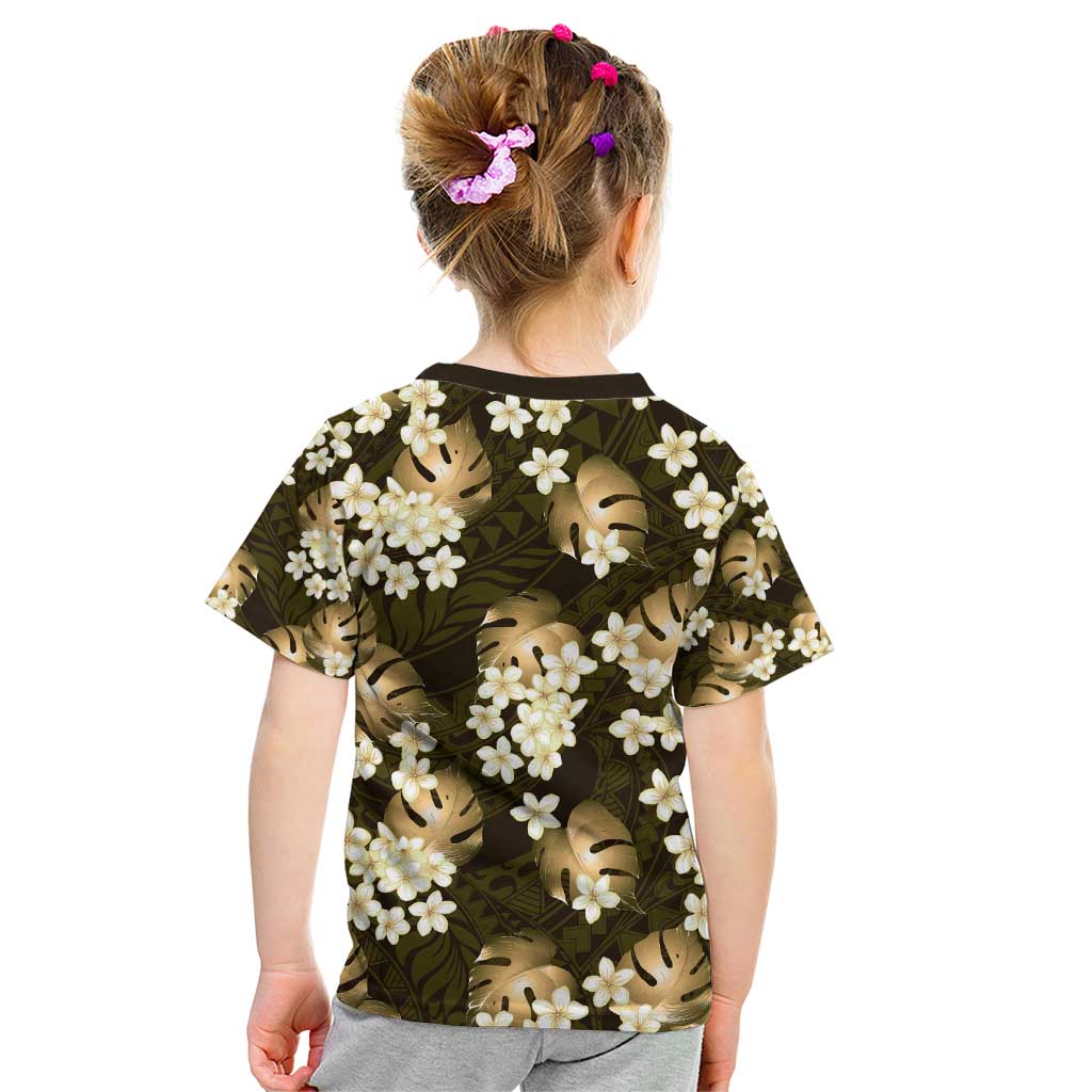 Gold Tropical Hawaii Kid T Shirt Seamless Monstera Plumeria Hawaiian Pattern - Polynesian Pride