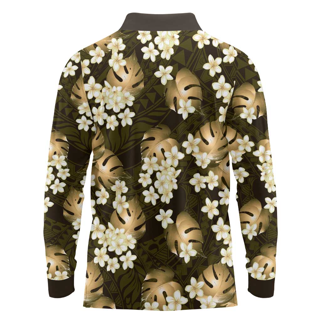 Gold Tropical Hawaii Long Sleeve Polo Shirt Seamless Monstera Plumeria Hawaiian Pattern - Polynesian Pride
