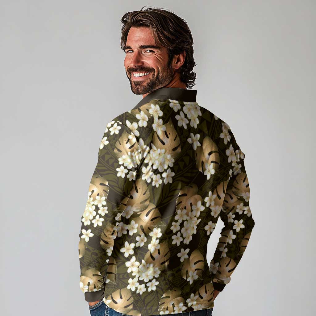 Gold Tropical Hawaii Long Sleeve Polo Shirt Seamless Monstera Plumeria Hawaiian Pattern - Polynesian Pride