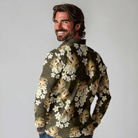 Gold Tropical Hawaii Long Sleeve Polo Shirt Seamless Monstera Plumeria Hawaiian Pattern - Polynesian Pride