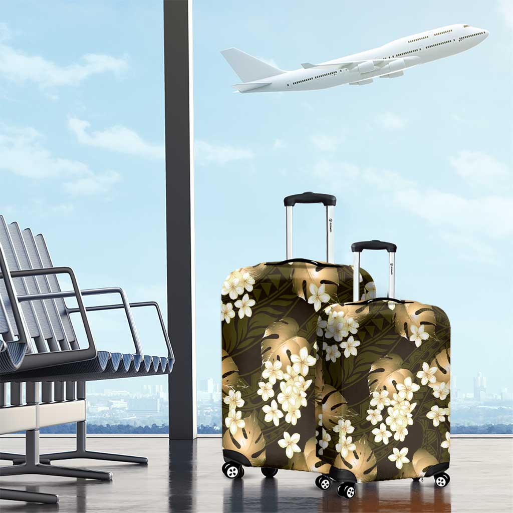 Gold Tropical Hawaii Luggage Cover Seamless Monstera Plumeria Hawaiian Pattern - Polynesian Pride