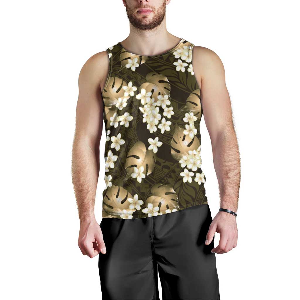Gold Tropical Hawaii Men Tank Top Seamless Monstera Plumeria Hawaiian Pattern - Polynesian Pride