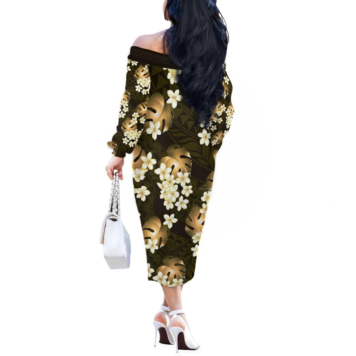 Gold Tropical Hawaii Off The Shoulder Long Sleeve Dress Seamless Monstera Plumeria Hawaiian Pattern - Polynesian Pride
