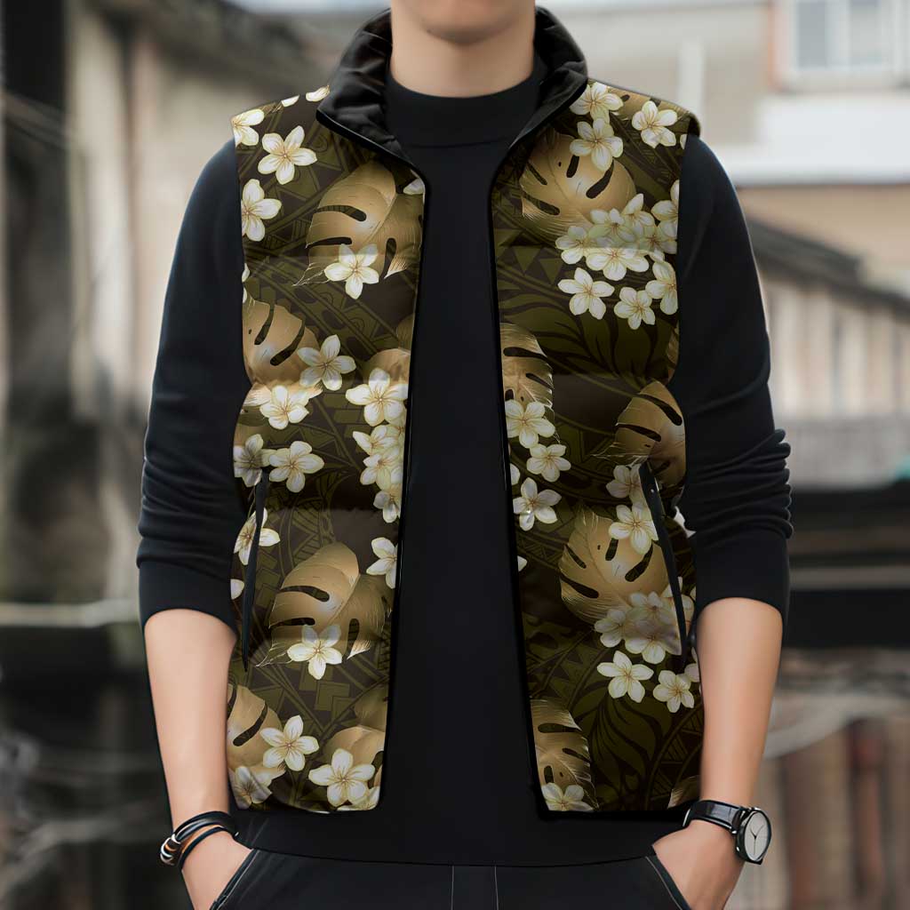 Gold Tropical Hawaii Sleeveless Puffer Jacket Seamless Monstera Plumeria Hawaiian Pattern - Polynesian Pride