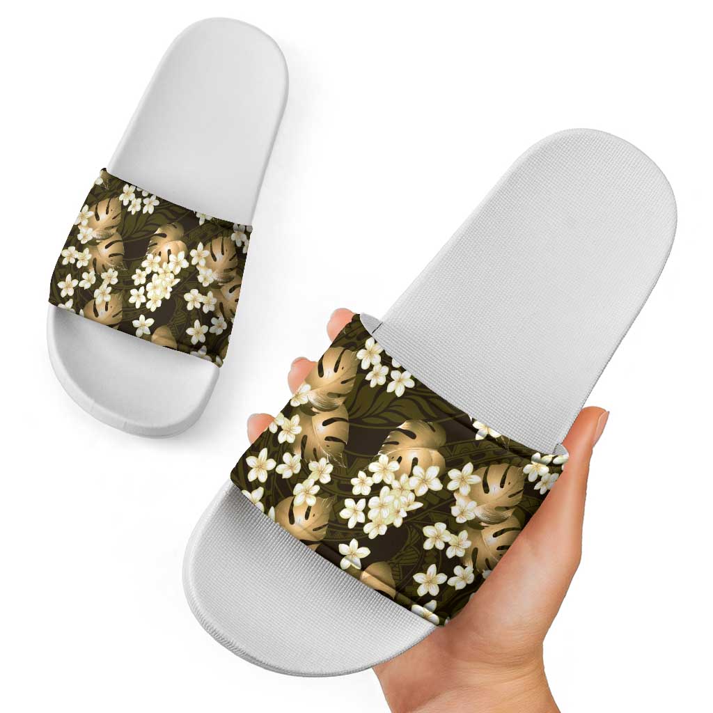 Gold Tropical Hawaii Slide Sandals Seamless Monstera Plumeria Hawaiian Pattern - Polynesian Pride