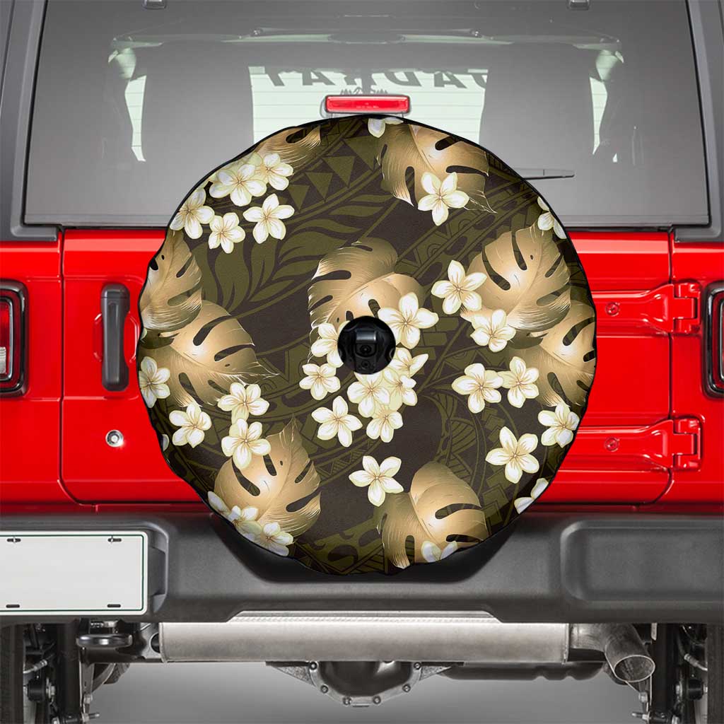 Gold Tropical Hawaii Spare Tire Cover Seamless Monstera Plumeria Hawaiian Pattern - Polynesian Pride