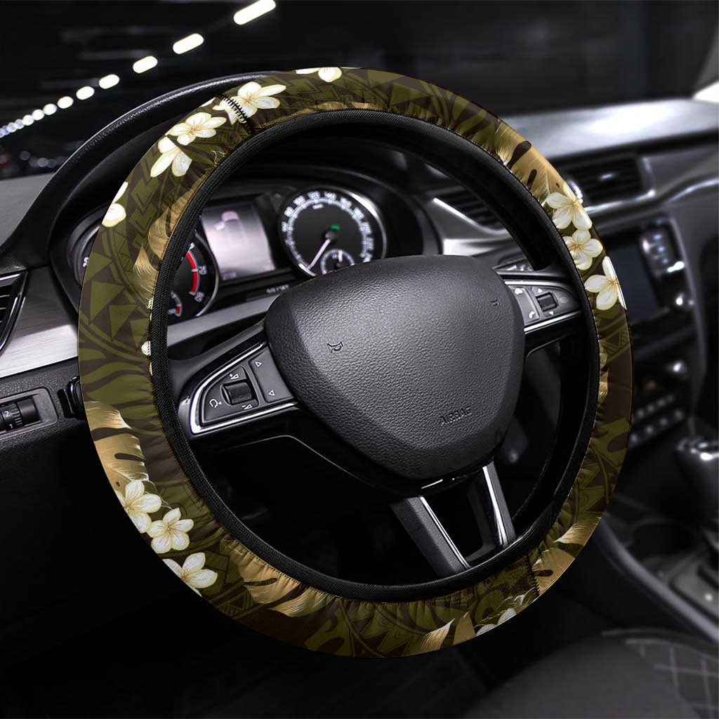 Gold Tropical Hawaii Steering Wheel Cover Seamless Monstera Plumeria Hawaiian Pattern - Polynesian Pride