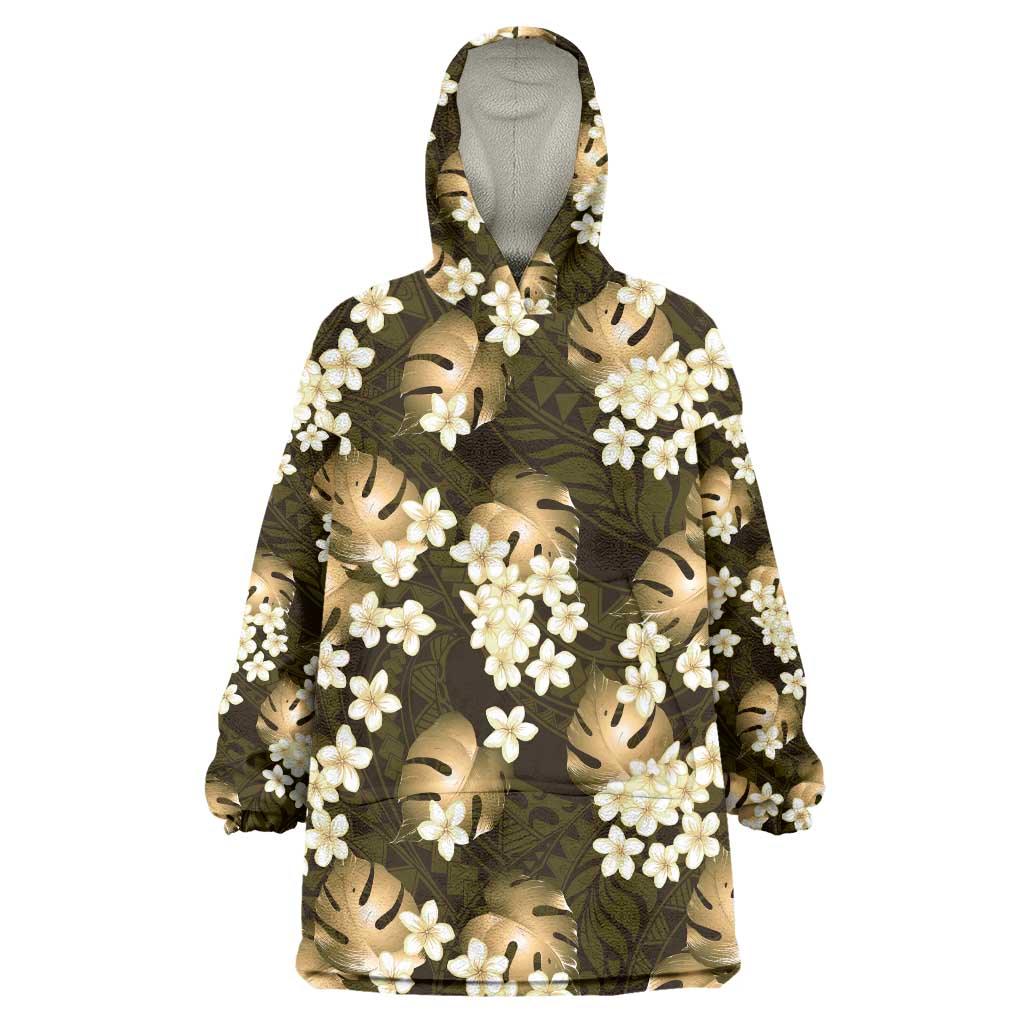 Gold Tropical Hawaii Wearable Blanket Hoodie Seamless Monstera Plumeria Hawaiian Pattern - Polynesian Pride