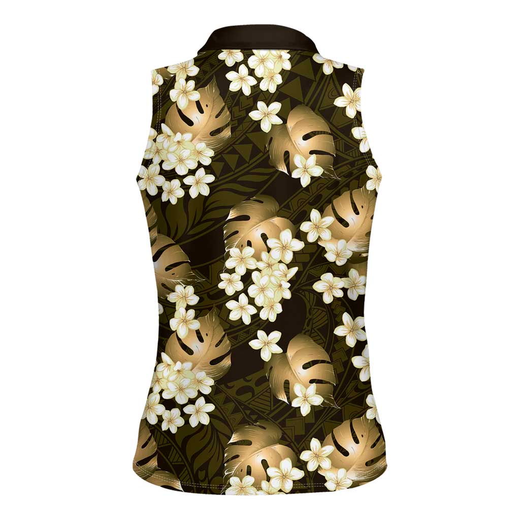 Gold Tropical Hawaii Women Sleeveless Polo Shirt Seamless Monstera Plumeria Hawaiian Pattern LT14 - Polynesian Pride