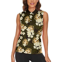 Gold Tropical Hawaii Women Sleeveless Polo Shirt Seamless Monstera Plumeria Hawaiian Pattern LT14 - Polynesian Pride