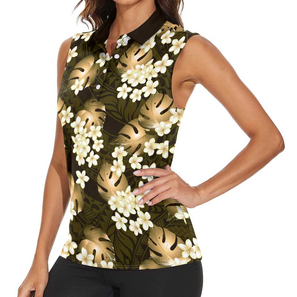 Gold Tropical Hawaii Women Sleeveless Polo Shirt Seamless Monstera Plumeria Hawaiian Pattern LT14 - Polynesian Pride