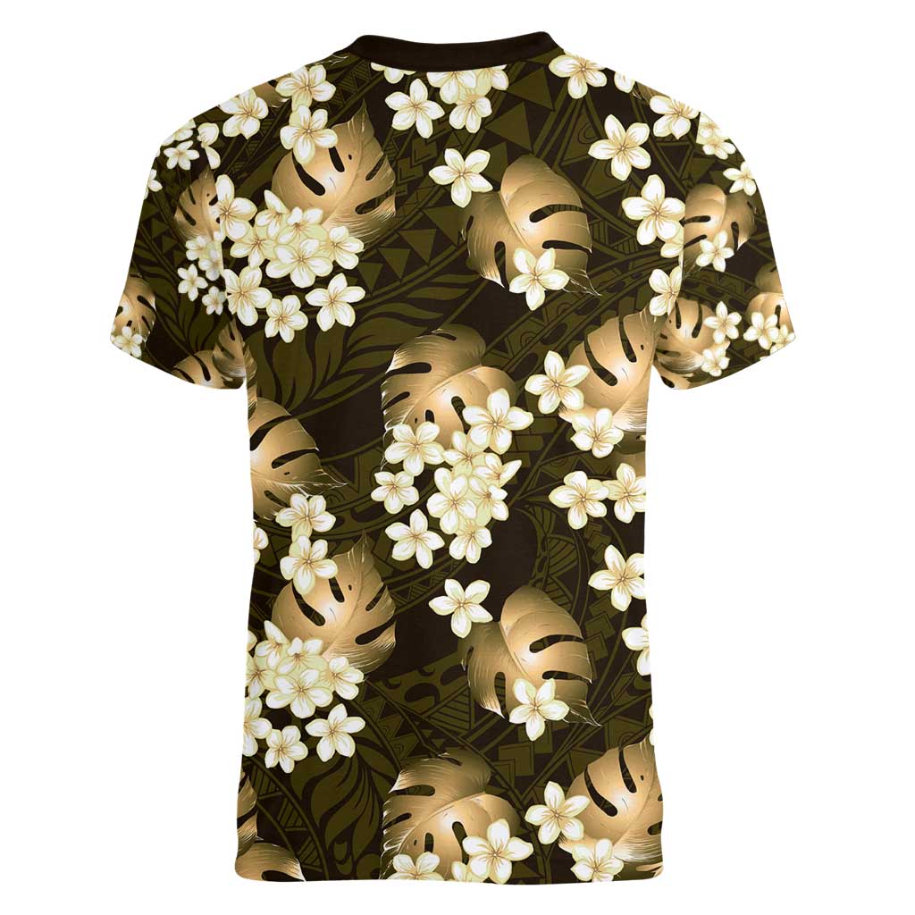 Gold Tropical Hawaii Women V-Neck T-Shirt Seamless Monstera Plumeria Hawaiian Pattern - Polynesian Pride
