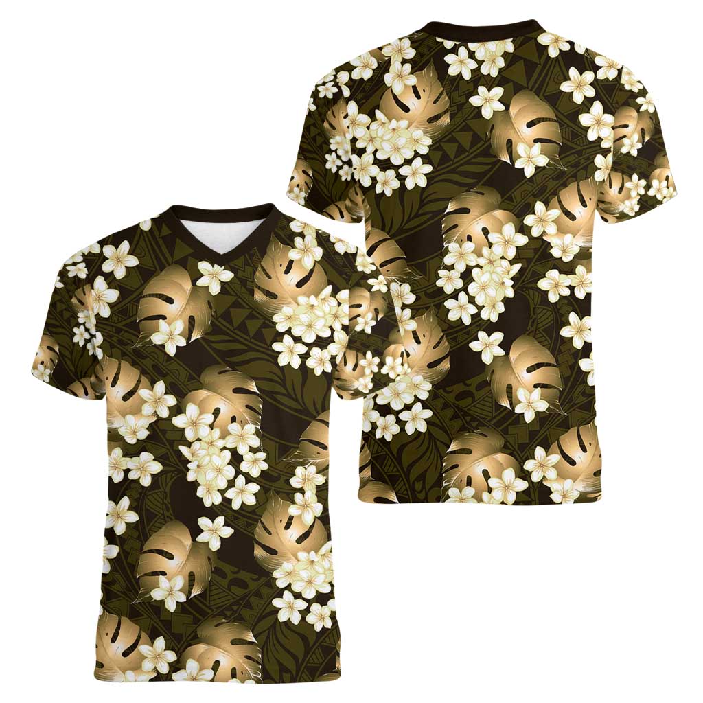 Gold Tropical Hawaii Women V-Neck T-Shirt Seamless Monstera Plumeria Hawaiian Pattern - Polynesian Pride