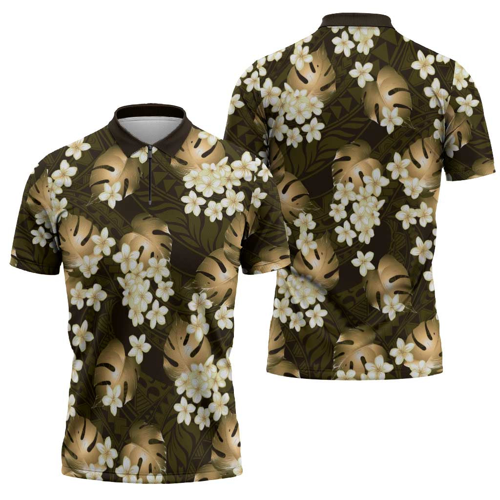 Gold Tropical Hawaii Zipper Polo Shirt Seamless Monstera Plumeria Hawaiian Pattern - Polynesian Pride