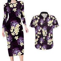 Purple Tropical Hawaii Couples Matching Long Sleeve Bodycon Dress and Hawaiian Shirt Seamless Monstera Plumeria Hawaiian Pattern LT14 Purple - Polynesian Pride