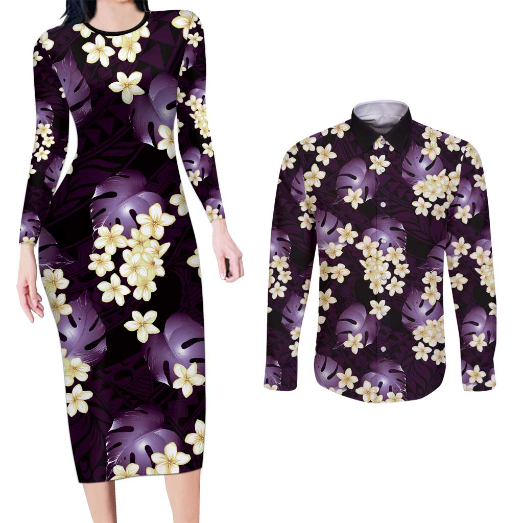 Purple Tropical Hawaii Couples Matching Long Sleeve Bodycon Dress and Long Sleeve Button Shirt Seamless Monstera Plumeria Hawaiian Pattern LT14 Purple - Polynesian Pride