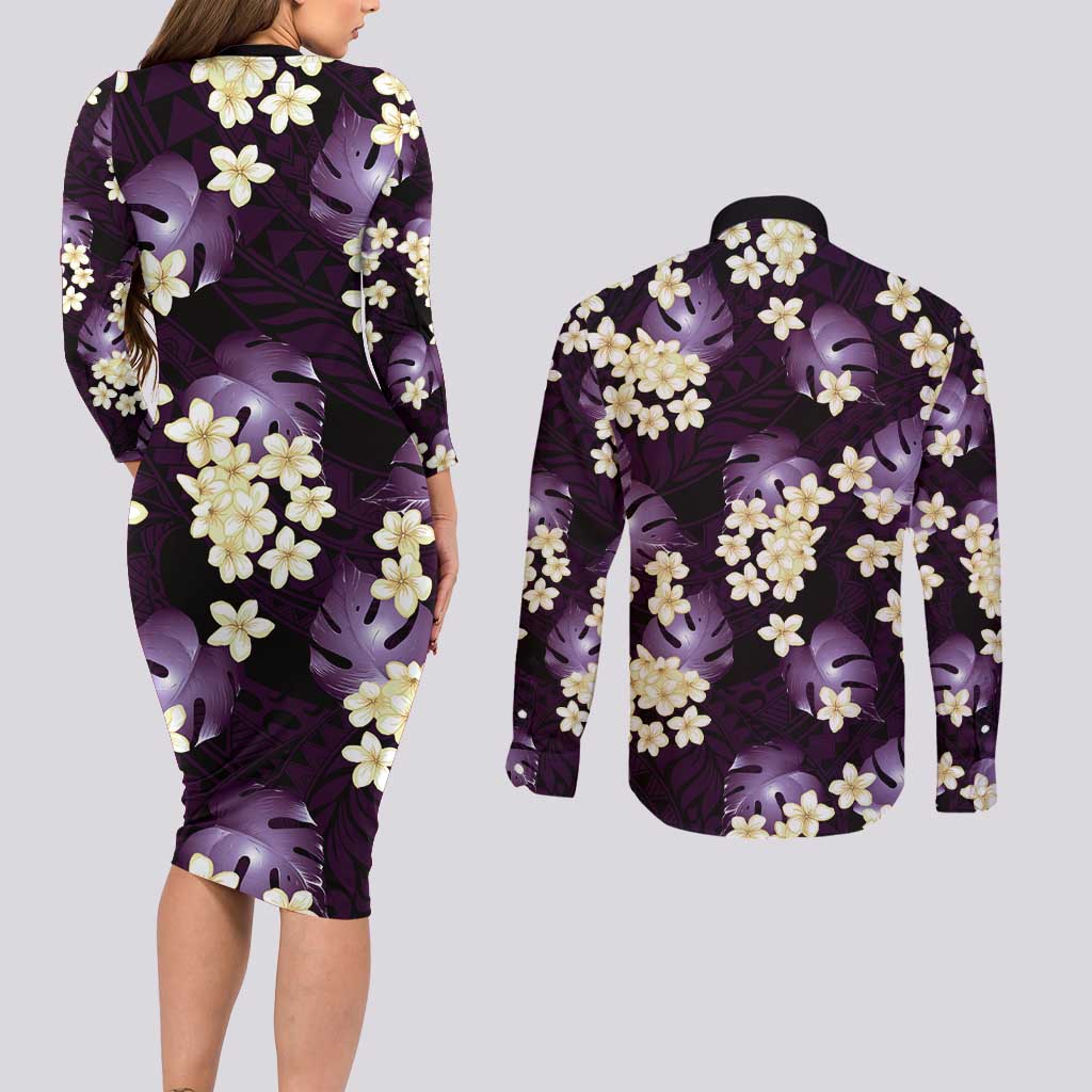 Purple Tropical Hawaii Couples Matching Long Sleeve Bodycon Dress and Long Sleeve Button Shirt Seamless Monstera Plumeria Hawaiian Pattern LT14 - Polynesian Pride