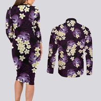 Purple Tropical Hawaii Couples Matching Long Sleeve Bodycon Dress and Long Sleeve Button Shirt Seamless Monstera Plumeria Hawaiian Pattern LT14 - Polynesian Pride