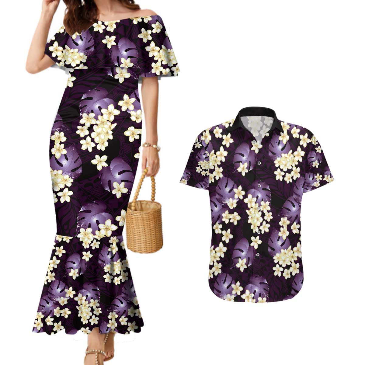 Purple Tropical Hawaii Couples Matching Mermaid Dress and Hawaiian Shirt Seamless Monstera Plumeria Hawaiian Pattern LT14 Purple - Polynesian Pride