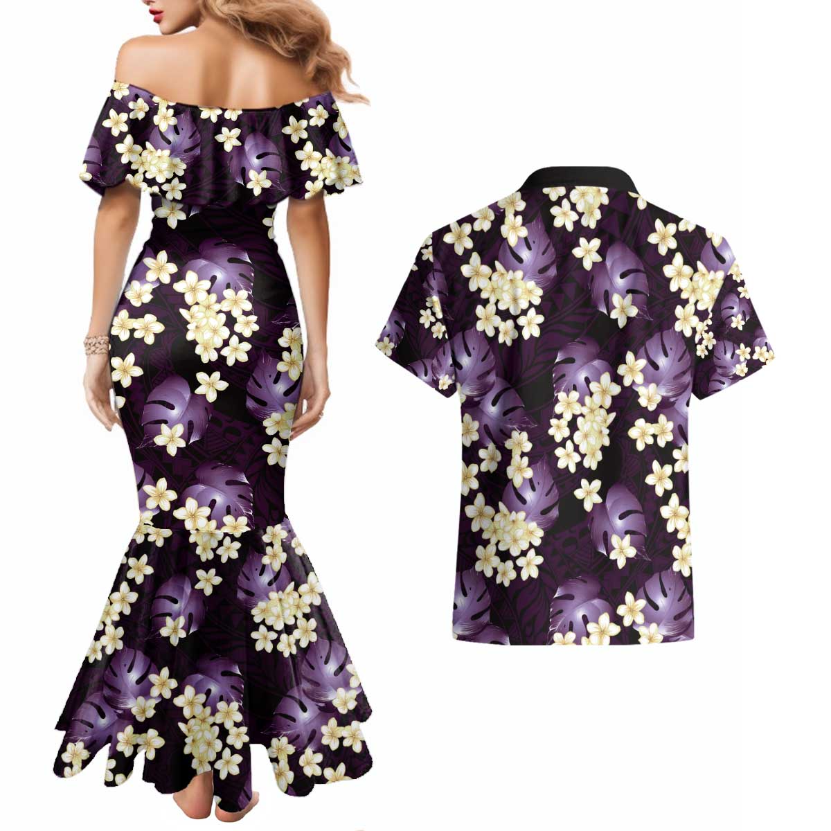 Purple Tropical Hawaii Couples Matching Mermaid Dress and Hawaiian Shirt Seamless Monstera Plumeria Hawaiian Pattern LT14 - Polynesian Pride