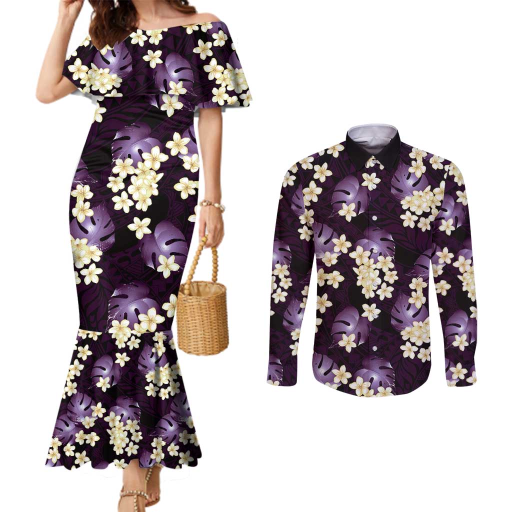 Purple Tropical Hawaii Couples Matching Mermaid Dress and Long Sleeve Button Shirt Seamless Monstera Plumeria Hawaiian Pattern LT14 Purple - Polynesian Pride