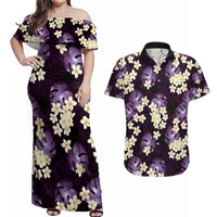 Purple Tropical Hawaii Couples Matching Off Shoulder Maxi Dress and Hawaiian Shirt Seamless Monstera Plumeria Hawaiian Pattern LT14 Purple - Polynesian Pride