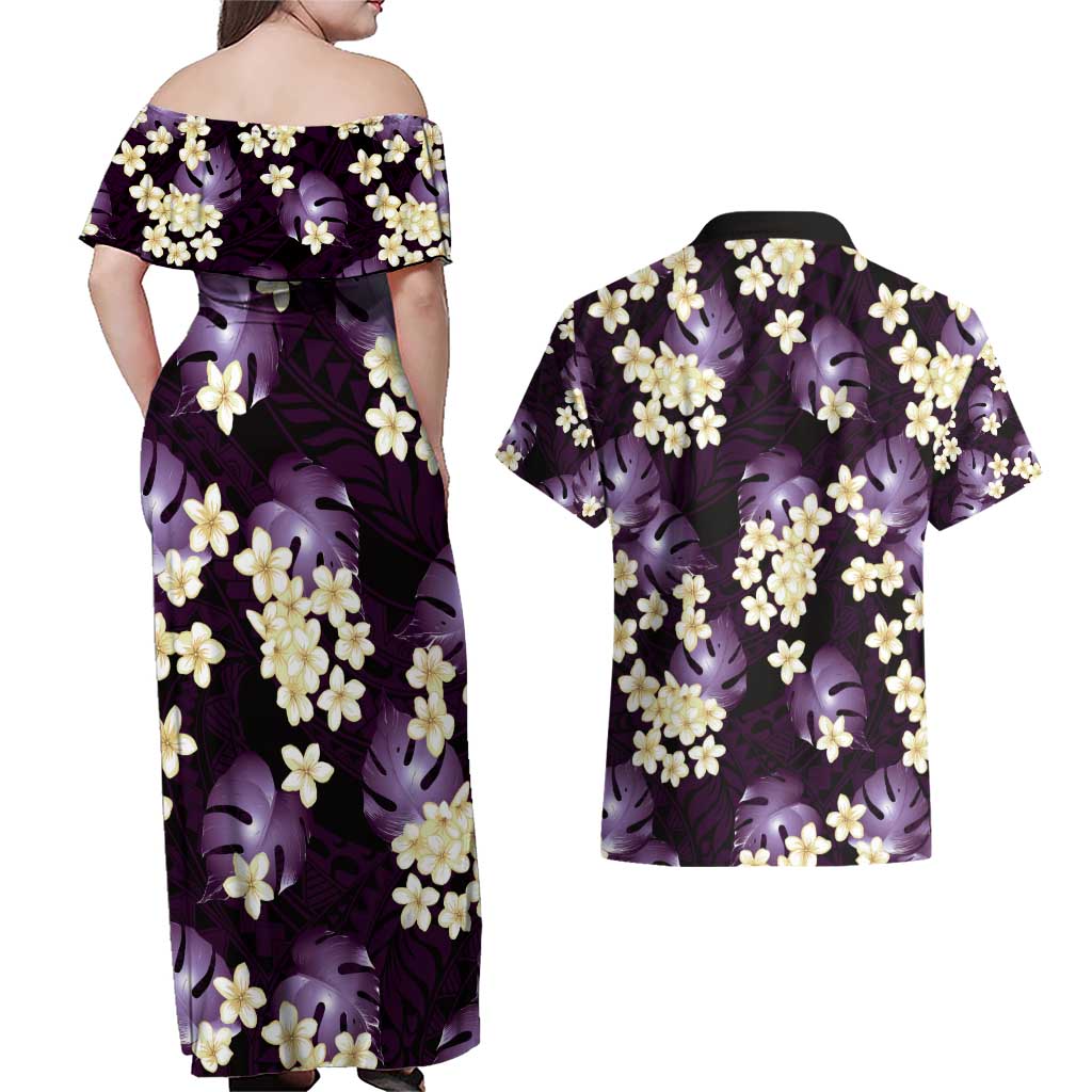 Purple Tropical Hawaii Couples Matching Off Shoulder Maxi Dress and Hawaiian Shirt Seamless Monstera Plumeria Hawaiian Pattern LT14 - Polynesian Pride
