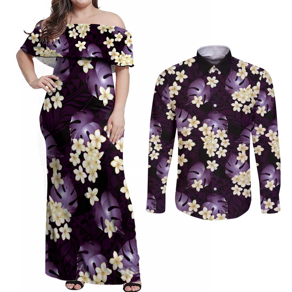 Purple Tropical Hawaii Couples Matching Off Shoulder Maxi Dress and Long Sleeve Button Shirt Seamless Monstera Plumeria Hawaiian Pattern LT14 Purple - Polynesian Pride